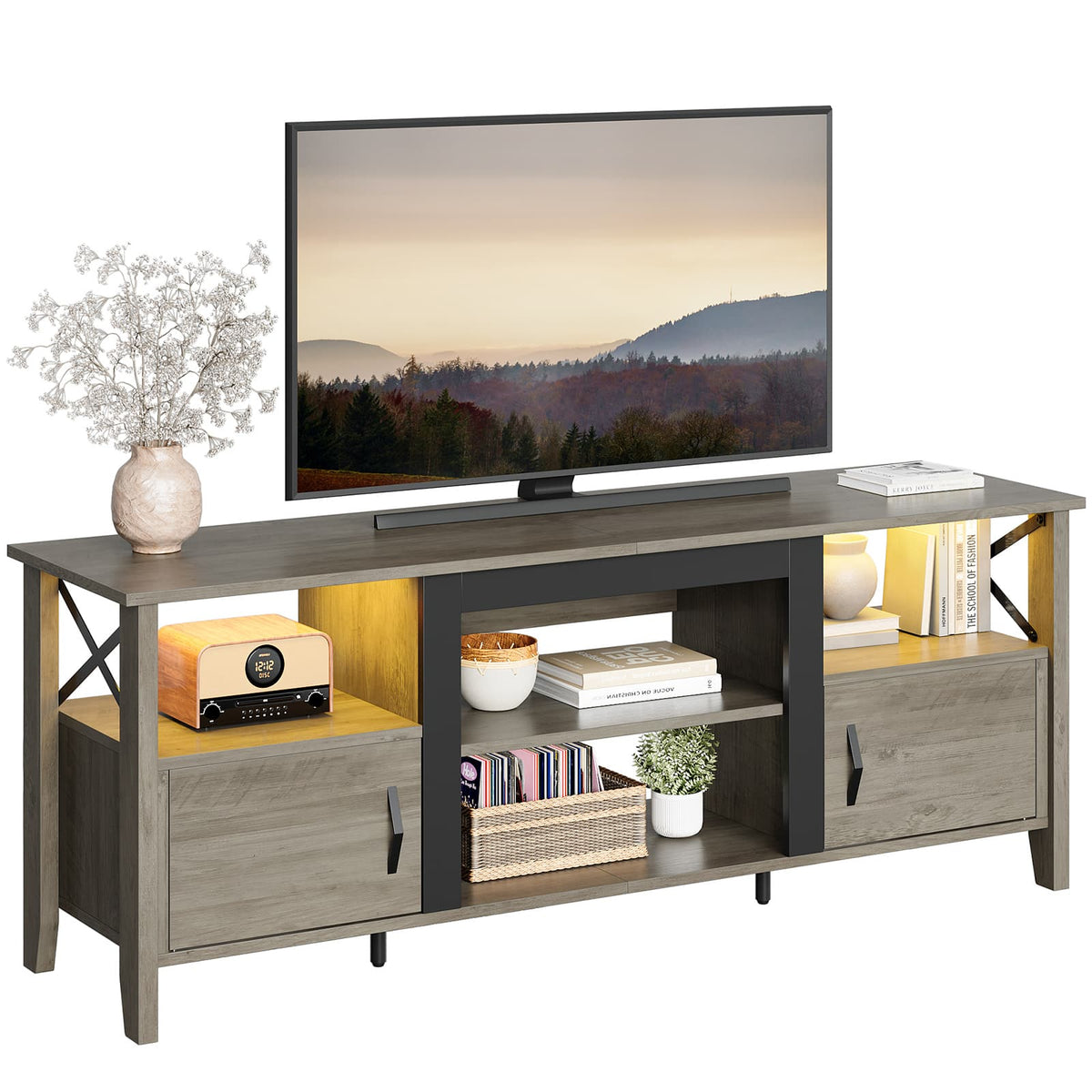 Bestier - Farmhouse LED TV Stand with Cabinet for Gaming Entertainment Fits TVs up to 70inch - Gray