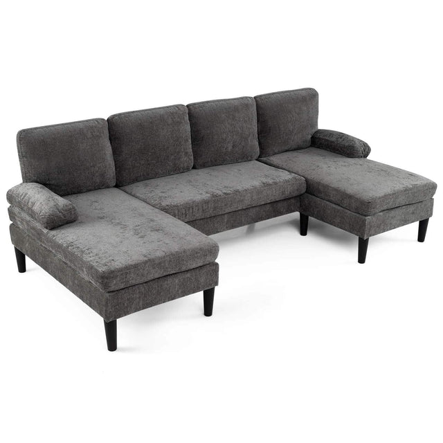 Front. Costway - Costway Sectional Couch, Chenille Upholstered Sofa Couch with Double Chaise for Home Office - Gray.
