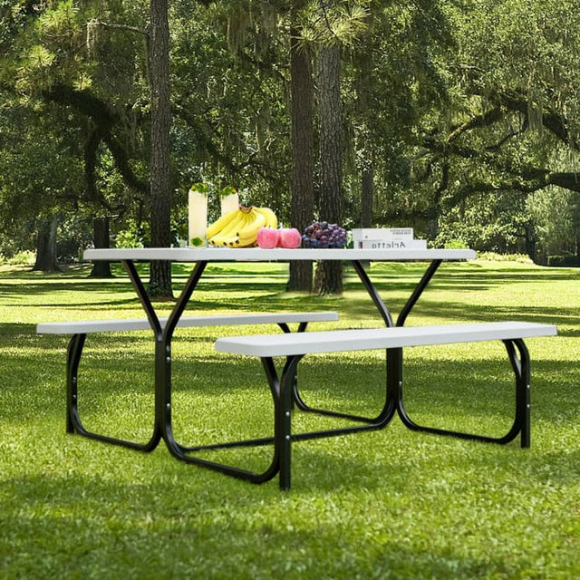 Front. Mondawe - 72in Freestanding Picnic Table Bench Set w/ Umbrella Hole, Outdoor Camping Dining Set for Patio Garden - White.