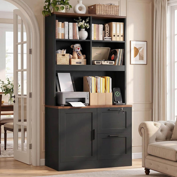 Aheaplus - 67.5" Tall Lockable File Cabinet with Charging Station, Adjustable Shelves & Printer Stand for Home Office - Black