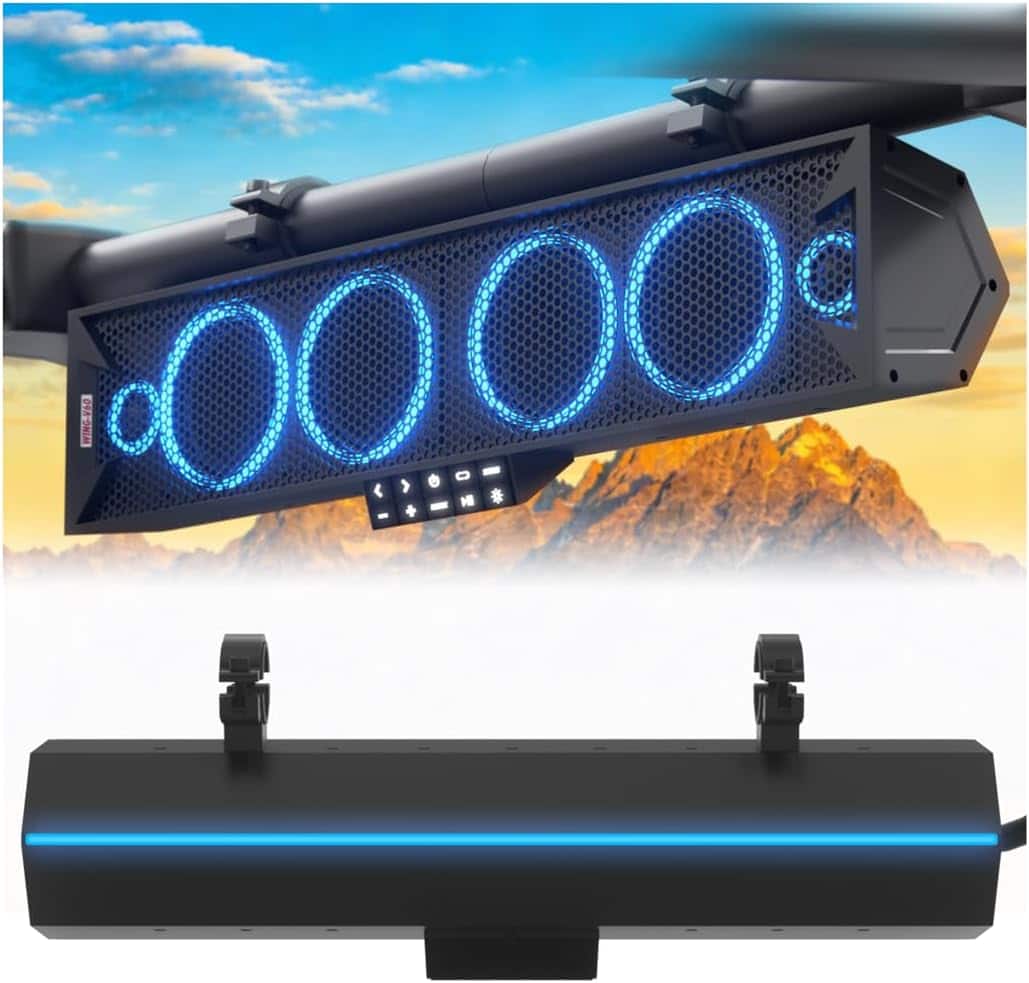 GoHawk - UTV Sound Bar | Waterproof 6-Speaker Bluetooth ATV Soundbar | 25" SxS CanAm Polaris with FM Radio LED - Black