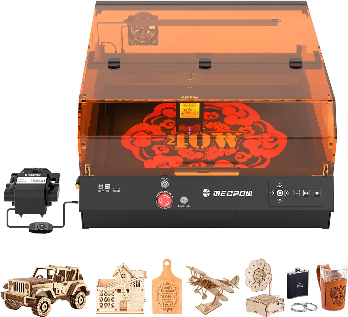 Mecpow - X4 Pro Dual Laser Engraver, 40W & 20W, Air Assist & 30000 mm/min, Camera & Led Lights, Enclosed Cutter for Acrylic Wood