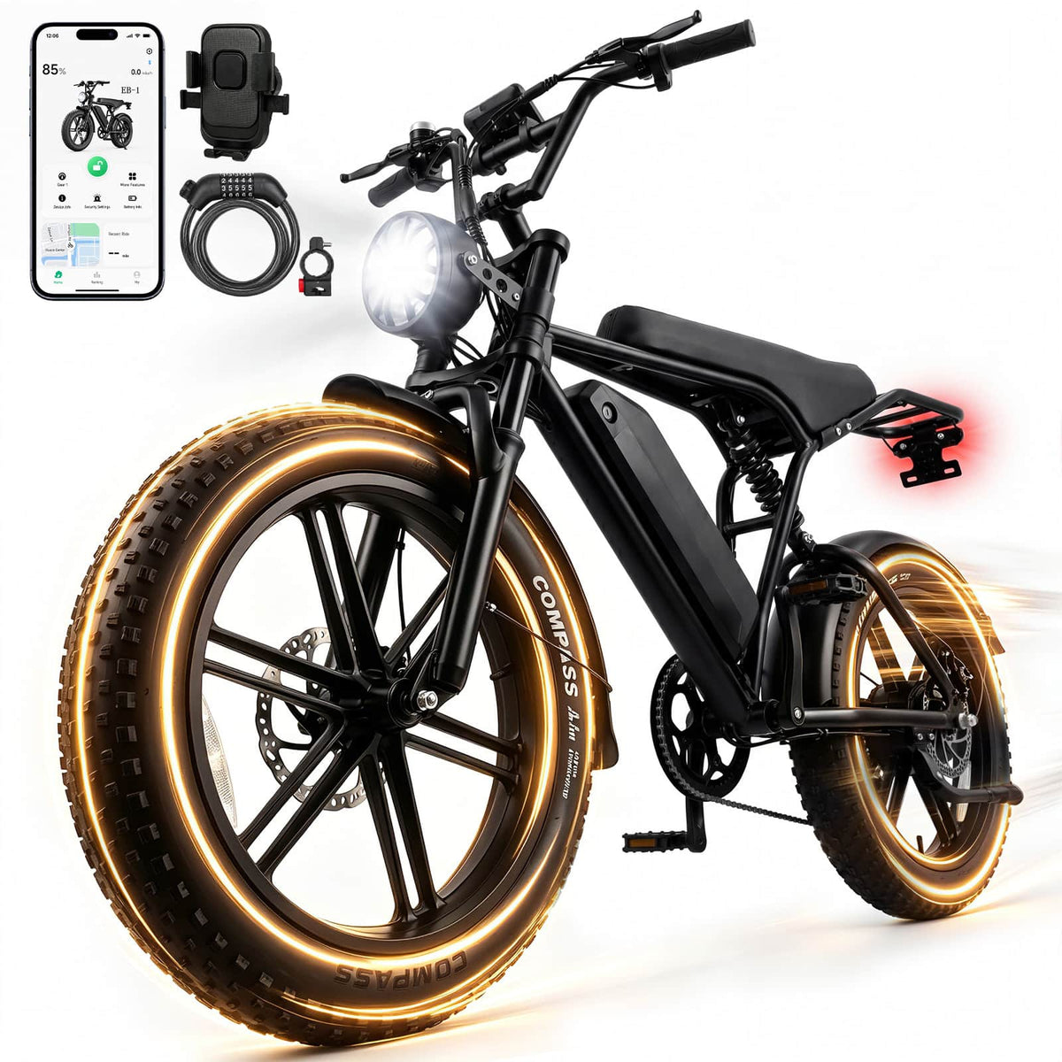 Hover Heart - 20" Fat Tire Electric Bike, 750W/1500W Peak, 48V 15Ah, Up to 65-Mile Range, Full Suspension, Hydraulic Brakes, 7-Speed - 61 - Black