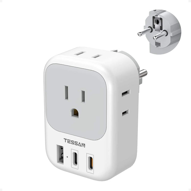 Front. TESSAN - US to Europe Korea Travel Plug Adapter, Type E/F Outlet Extender with 4 AC Outlets and 3 USB Ports (2 USB-C) - Gray,White.