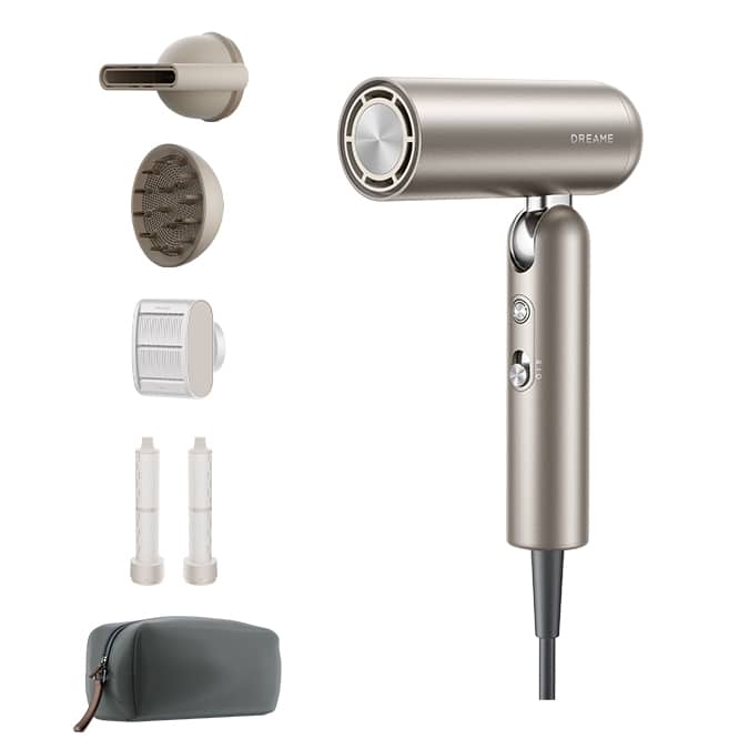 Dreame - Pocket Ultra Hair Dryer, Dual Voltage Travel Blow Dryer with Diffuser, 1300W High-Speed Ionic Hair Dryer, Fast Drying - Titanium Gold