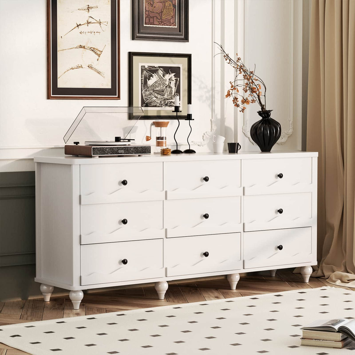 Aheaplus - 9-Drawer Wooden Dresser: Versatile Chest of Drawers for Bedroom, Living Room and Hallway Storage,Ships in 2 Packages - White