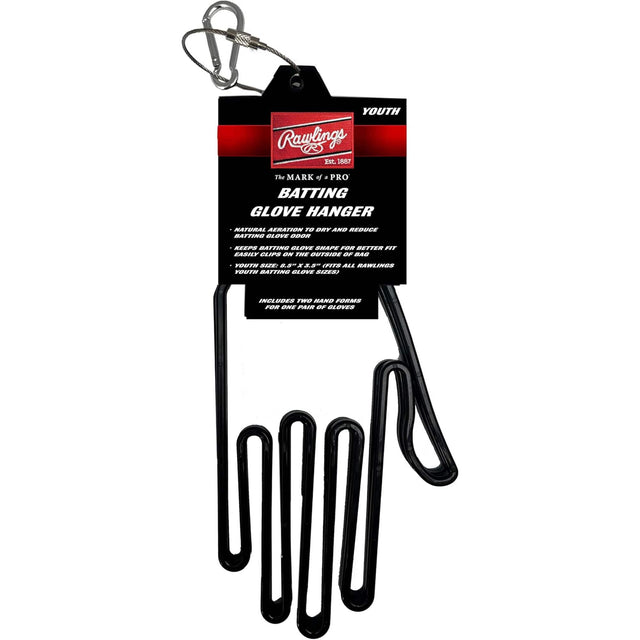 YOUTH Rawlings Est. 1887 The MARK of a PRO BATTING GLOVE HANGER NATURAL AERATION TO DRY AND REDUCE BATTING GLOVE ODOR. EASILY CLIPS ON THE OUTSIDE OF BAG. YOUTH SIZE: 8.5" x 3.5" BATTING GLOVE SIZES. INCLUDES TWO HAND FORMS FOR ONE PAIR OF RAWLINGS BATTING GLOVES