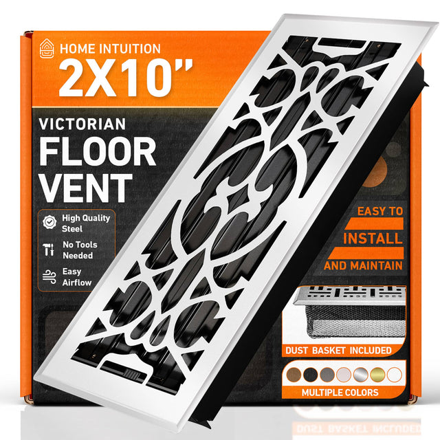 HOME INTUITION  
2X10"  
VICTORIAN FLOOR VENT  

- High Quality Steel  
- No Tools Needed  
- Easy Airflow  
- Easy to Install and Maintain  
- Dust Basket Included  
- Multiple Colors