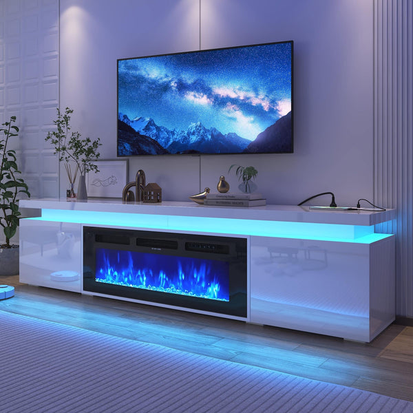 Lent Glitter Wood - 71inch Modern Fireplace TV Stand with Power Outlet Storage for up to 80" TVs - White
