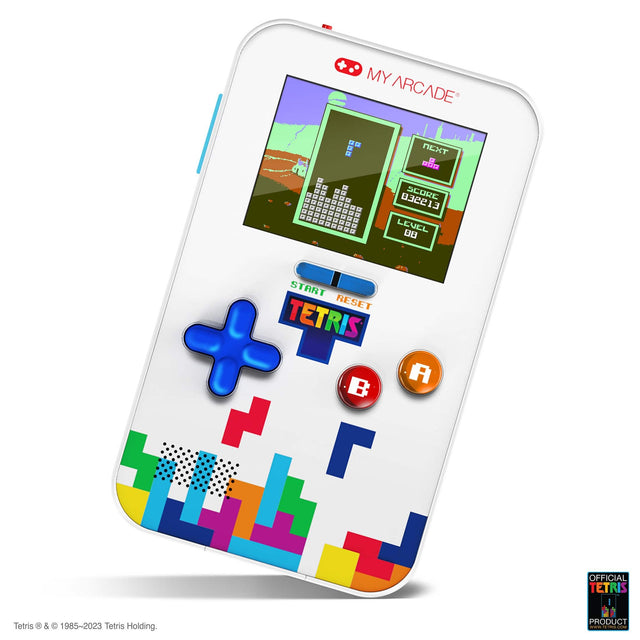 The image features a white Tetris-themed cell phone. The phone has a colorful design with Tetris-related buttons, such as "Start," "Reset," and "Score." The device is designed to resemble a classic arcade game, making it a fun and nostalgic accessory for fans of the iconic game.