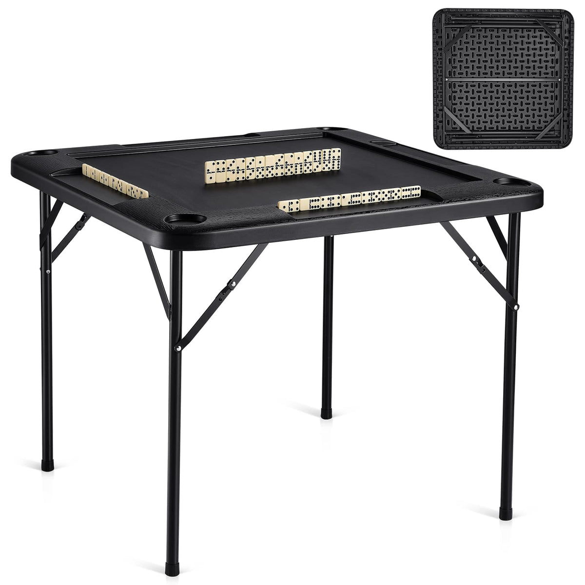 VEVOR - Mahjong Table,Square 4 Player Folding Card Table with 4 Cup Holders & 4 Chip Trays,with 1 Set of Dominoes,35.4x35.4-inch - Black