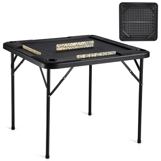 Front. VEVOR - Mahjong Table,Square 4 Player Folding Card Table with 4 Cup Holders & 4 Chip Trays,with 1 Set of Dominoes,35.4x35.4-inch - Black.