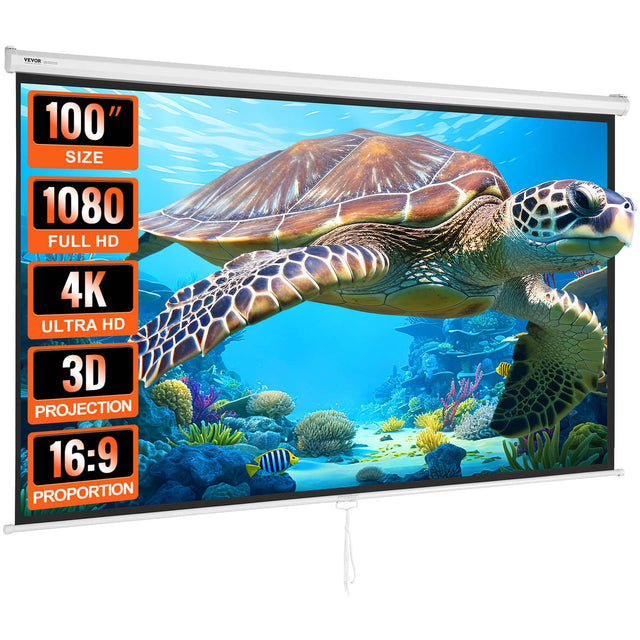 The corrected text is:

"VEVOR 100" SIZE 1080 FULL HD 4K ULTRA HD 3D PROJECTION 16:9 PROPORTION"