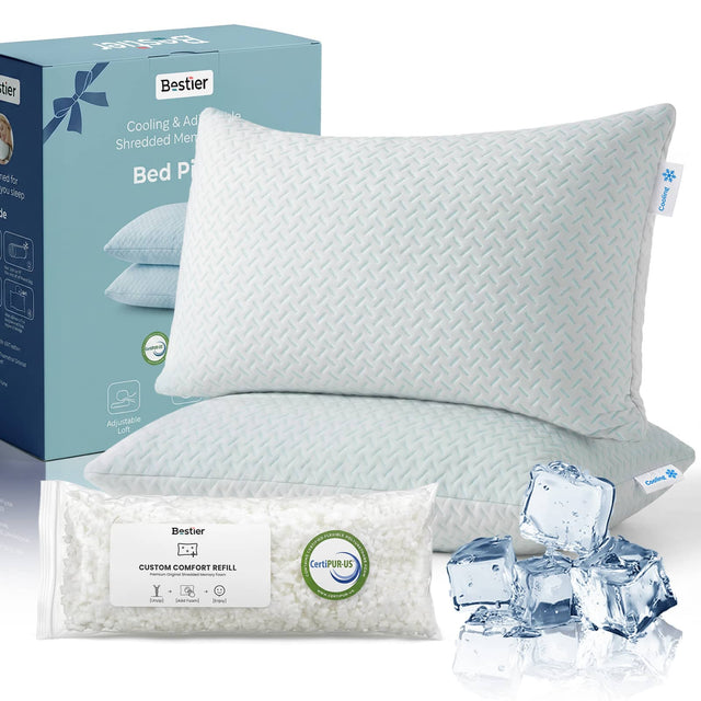 Bestier Bestier & Adjustable Cooling Shredded Men Bed Pillow

Cooling

Adjustable Loft

Bestier CUSTOM COMFORT REFILL Premium Original Shredded Memory Foam

CERTIFIED POLYURETHANE CONTAINS CertiPUR-US FILANO www.CERTIPUR.com