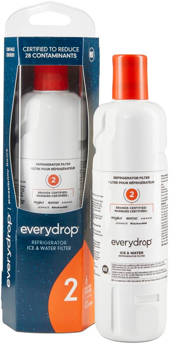 The image features a box containing two bottles of water filters, which are certified to reduce contaminants in water. The box is blue and has an orange label with the word "everydrop" written on it. The water filters are designed to be used in refrigerators and are suitable for use with various brands, such as Maytag, Amana, and JennAir. The filters are tested and certified by NSF International, ensuring their effectiveness in reducing contaminants according to the NSF Performance Data Sheet.