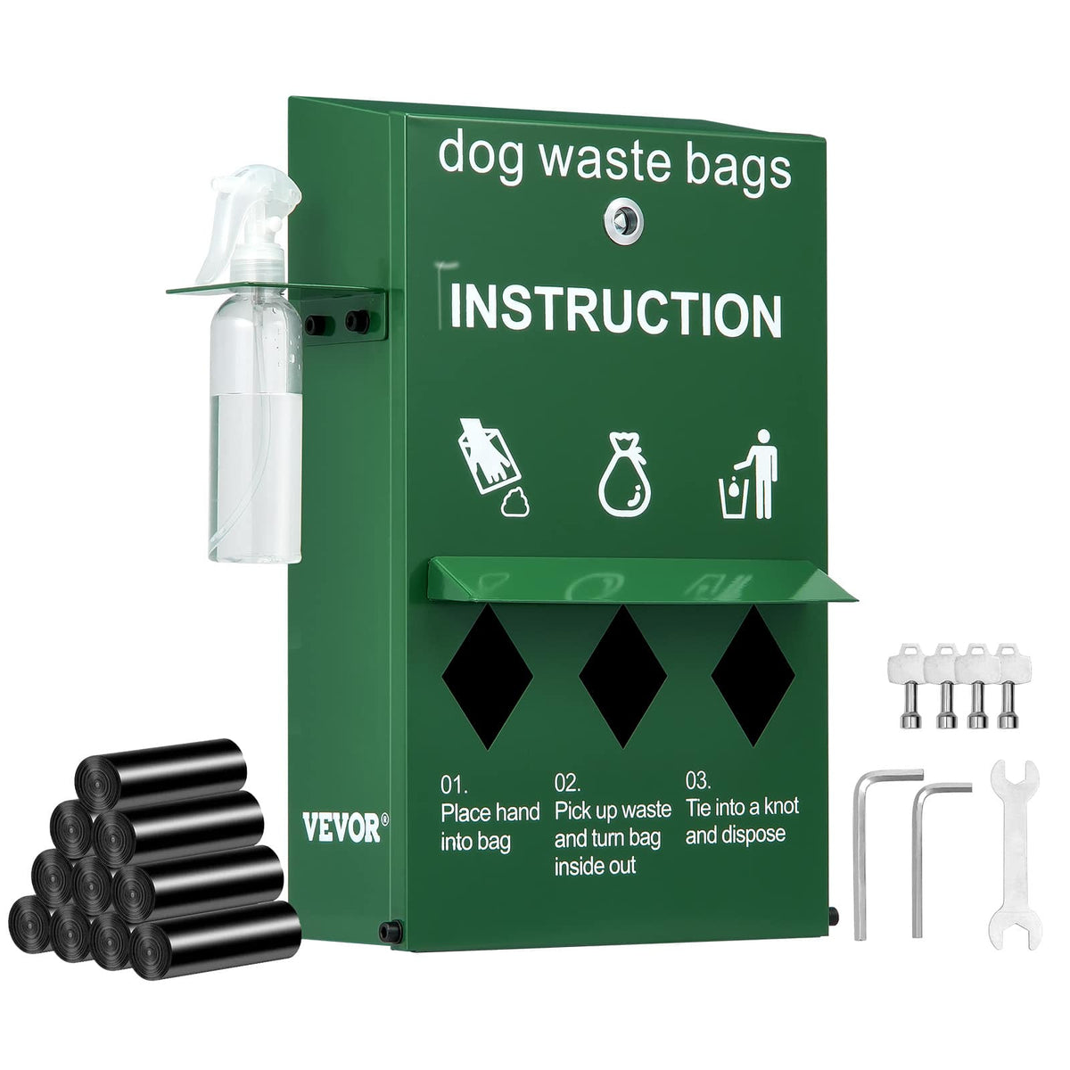 VEVOR - Dog Poop Bag Dispenser with Hand Wash Bottle, Lockable Outdoor Dog Waste Bag Holder with 600 Waste Bags, Stake, Pole - Green