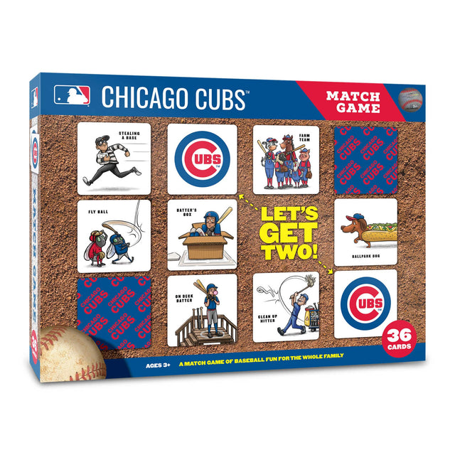 CHICAGO CUBS MATCH GAME

LET'S GET TWO!

- STEALING A BASE
- FLY BALL
- BATTER'S BOX
- ON DECK BATTER
- CLEAN UP HITTER
- FARM TEAM
- BALLPARK DOG

36 CARDS

A MATCH GAME OF BASEBALL FUN FOR THE WHOLE FAMILY

AGES 3+