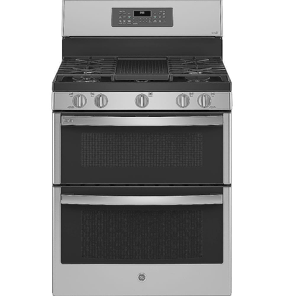 GE Profile - 30 in. Wide 5 Burners 6.8 Cu. Ft. Frestanding Double Oven Gas True Convection Range with No-Preheat Air Fry - Stainless Steel
