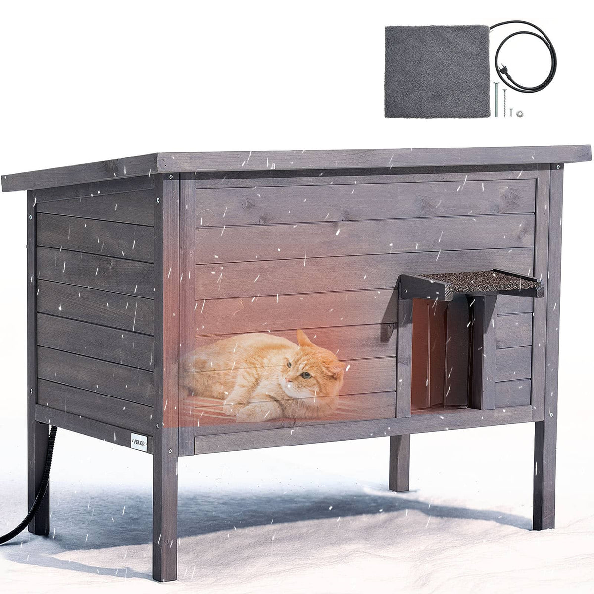 VEVOR - Heated Cat House, Insulated Wooden Cat House for Outdoor Cats, Waterproof Feral Kitty Shelter with Heating Pad