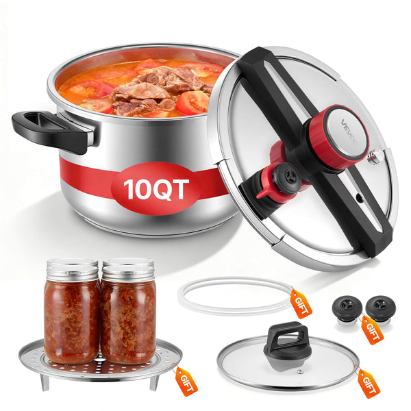 VEVOR - Pressure Cooker, 10Qt Pressure Cooker Stainless Steel, Pressures Canner with Steaming Rack, Tempered Glass Lid - Silver