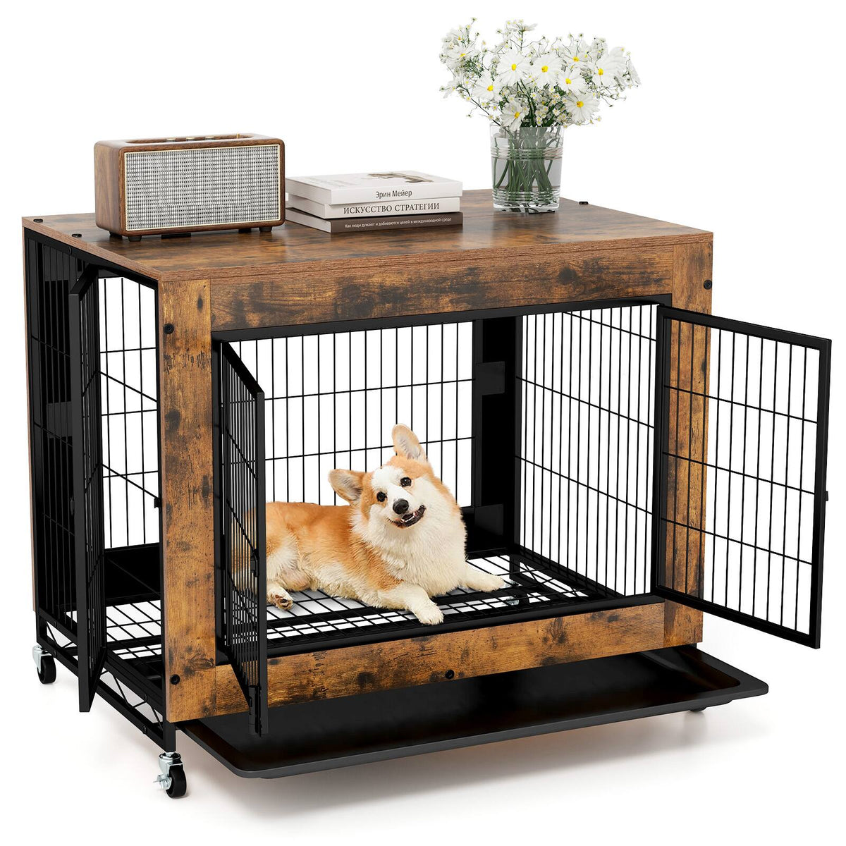 Gymax - Dog Crate Furniture Industrial Dog Kennel w/ Flip-up Top Decorative Pet House Rustic Brown
