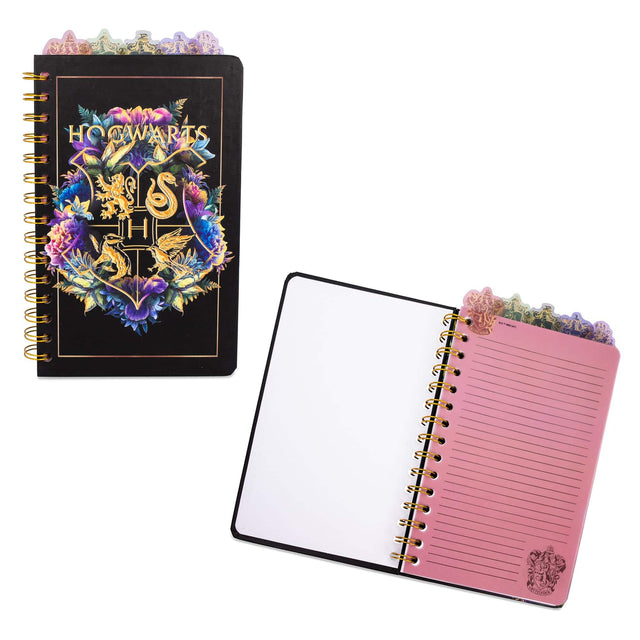 Front. Silver Buffalo - Harry Potter Hogwarts Crests 5-Tab Spiral Notebook Journal - Black.