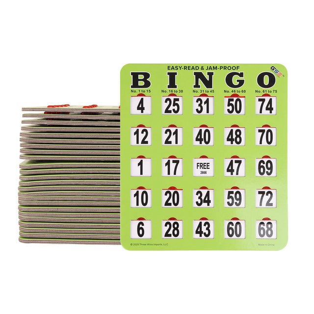 EASY-READ & JAM-PROOF BINGO

B I N G O  
No. 1 to 15 No. 16 to 30 No. 31 to 45 No. 46 to 60 No. 61 to 75  
4 25 31 50 74  
12 21 40 48 70  
1 17 FREE 47 69  
10 20 34 59 72  
6 28 43 60 68  

2005 ThreeWins Imports LLC  
Made in China