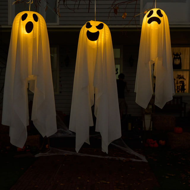 Front. Joyfy - 6 Pcs 27.5" Light-Up Hanging Ghosts Warm LED Flying Ghost Decor for Halloween Outdoor, Tree, Yard, Patio, Lawn & Garden - white.