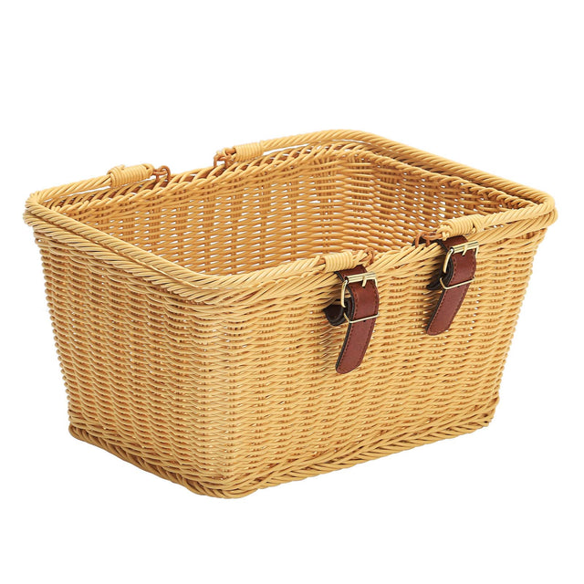 Front. Oumilen - Hand Woven Plastic Wicker Bike Basket with Leather Buckle Straps - Natural.
