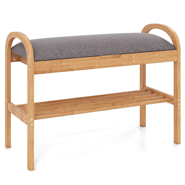 Front. Costway - Costway Bamboo Entryway Shoe Bench 2-Tier Shoe Rack with Flip Top Storage for Hallway - Natural+Grey.