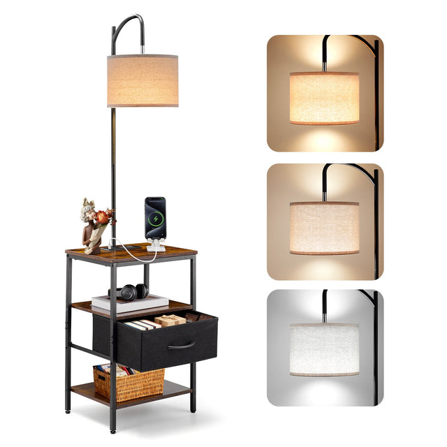 Front. VEVOR - Floor Lamp with Table, 3-Tier End Table with Drawer and 3 Color Temperature Lighting, Modern Side Nightstand - Black + Brown.