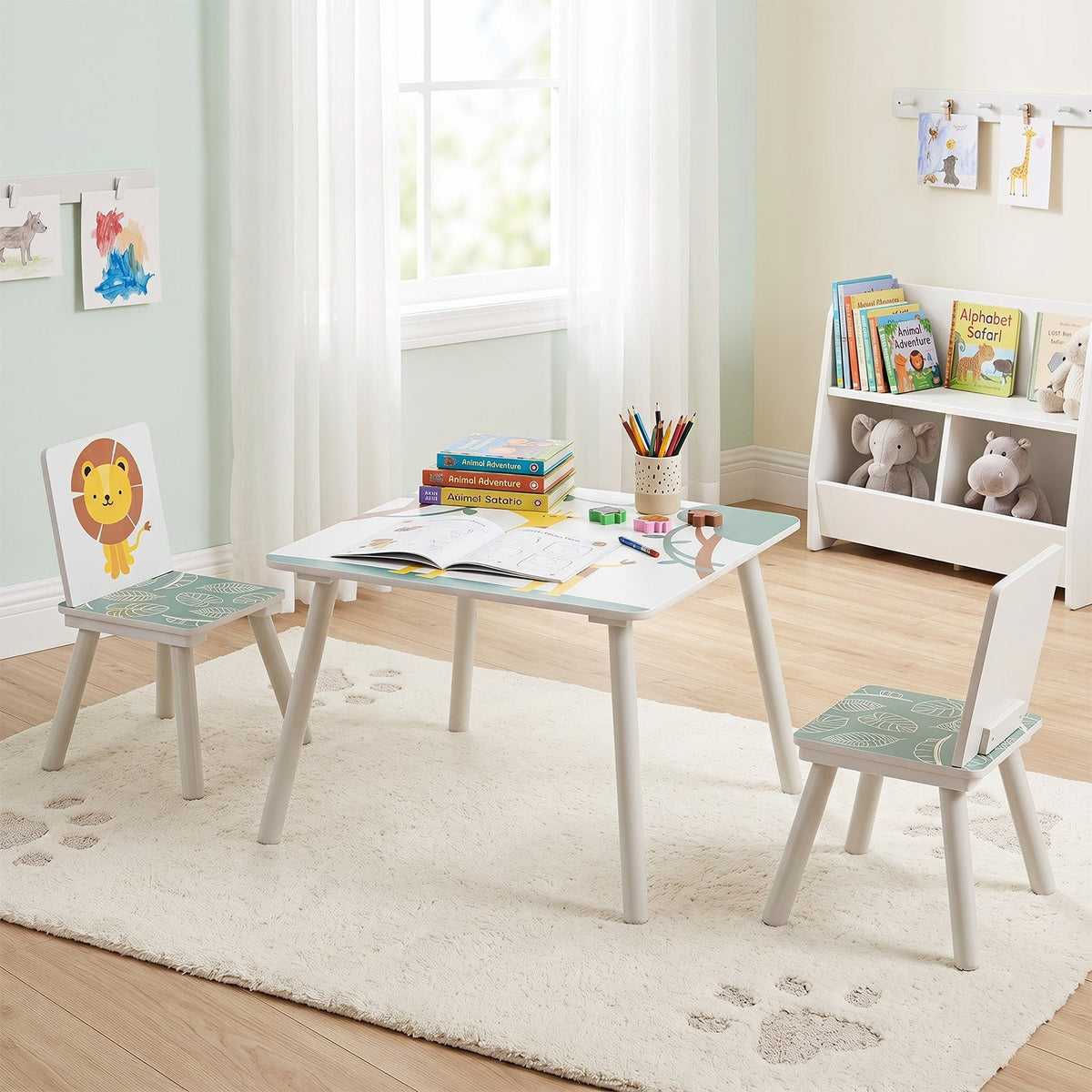 Costway - 3PCS Kids Table & Chairs Set with Animal Patterns Solid Wood Legs Rounded Corners - White + Green + Yellow