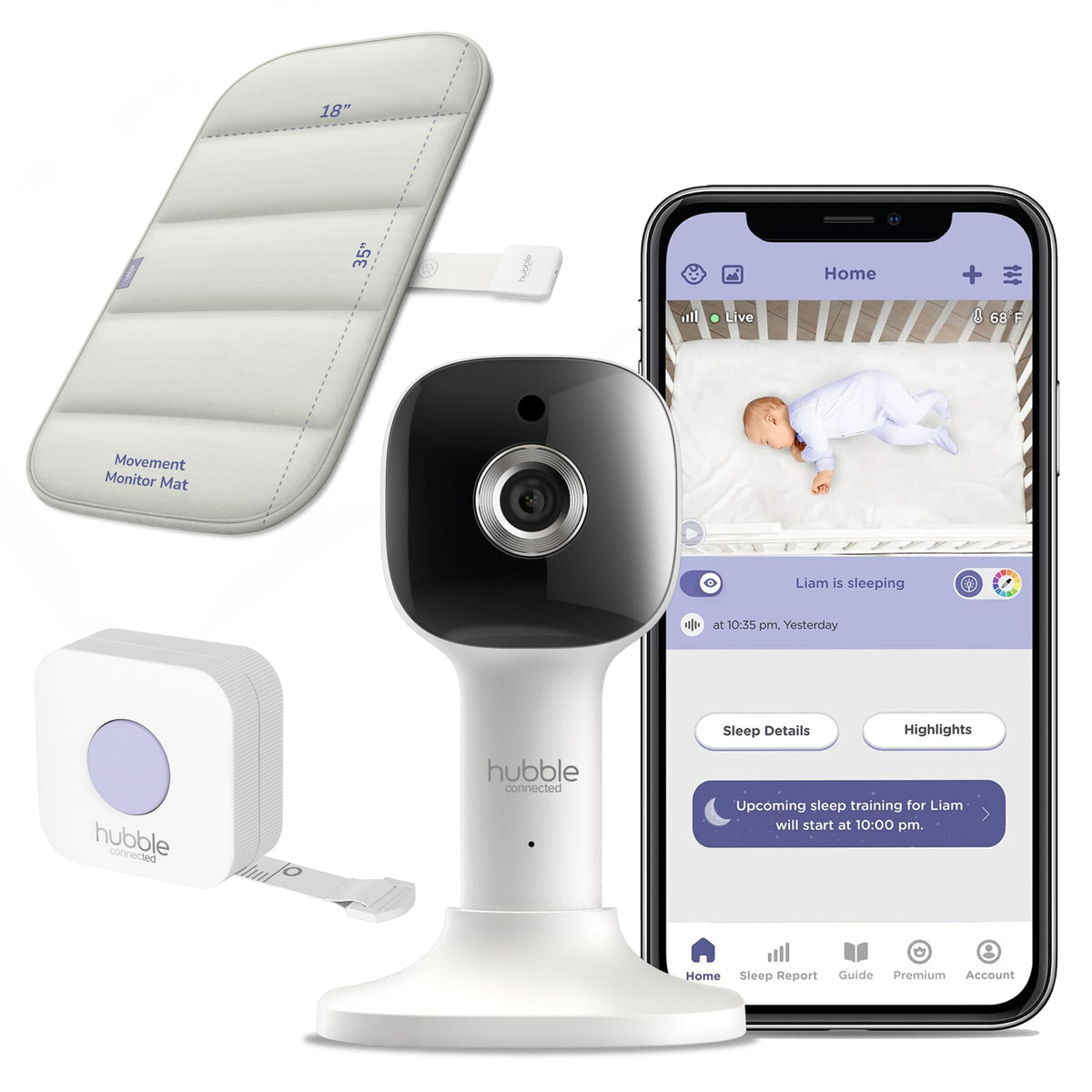 Hubble Connected - Dream+ Bundle Non-Wearable, Smart Wi-Fi Enabled Baby Movement Monitor - HD Baby Camera Soothing Sounds & Noise - White