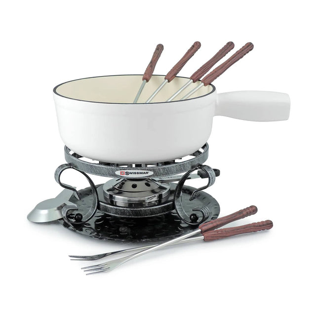 Front. Swissmar - Lugano 9 Piece Cast Iron Fondue Set, Matte White - Matte White.