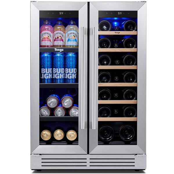 Yeego - 24 inch Wine and Beverage Cooler, Dual Zone Wine Fridge, 20 Bottle + 60Can, 36-72°F Built in, Glass Door, for Home Bar - Stainless Steel
