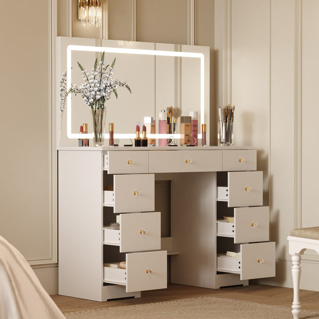 Front. Famapy - Large  3 - Color Lighting LED Vanity Desk with Oversized Illuminated Mirror Ample Storage Drawers & Crystal Knobs - White.