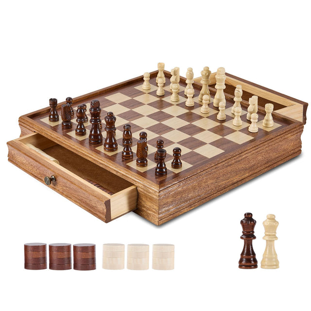 Front. VEVOR - Solid Wood Chess Set, 15 inch  2-IN-1 Chess Checkers Game Set, Chess Board Games with Storage Drawer - Walnut.