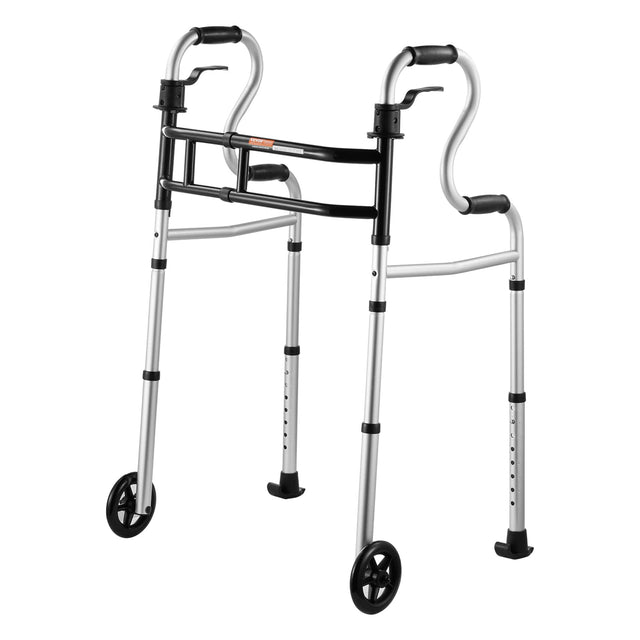 Front. VEVOR - Folding Walker on Wheels, 3-in-1 Stand-Assist Folding Walkers with Adjustable Height and Width, Up to 350LBS - Silver.