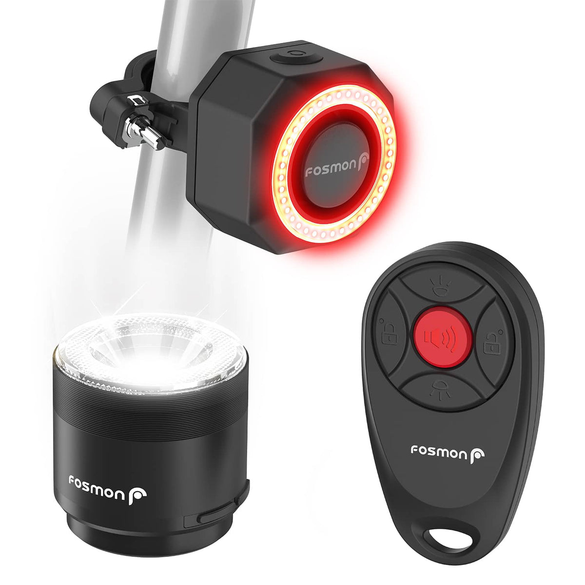 Fosmon - Bike Lights for Night Riding, Bicycle Lights Front & Rear Set, IP65 Bike Headlight, Bike Light with Bike Horn & Alarm - Black