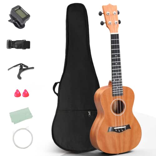 Front. Winado - 26" Mahogany 4-String Soprano Ukulele Kit  Includes Gig Bag, Strap, Picks, Strings and Cleaning Cloth - Natural.