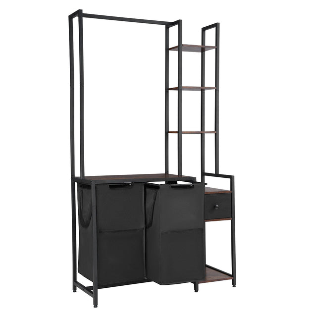 Front. VEVOR - 3 Tiers Laundry Sorter with Rack,Tall Laundry Hamper with Shelves and Drawers,2Section Freestanding Hanging Rack Storage - Black, Brown.