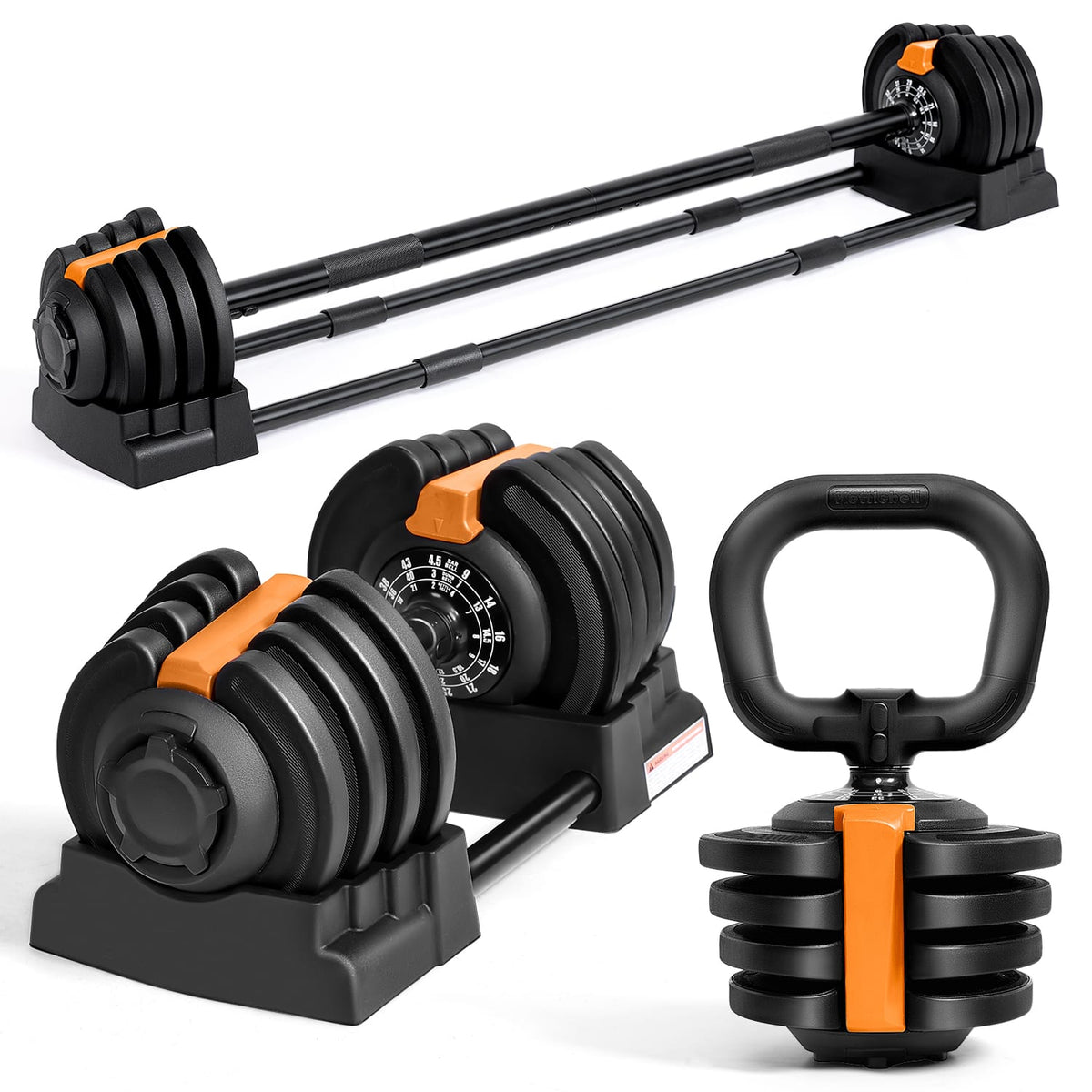 KERDOM - 3 in 1 Convertible Dumbbell used as Barbell, Kettlebell, Push up Stand, 2-43 lbs Adjustable Weight with Connector, 1pc - Orange