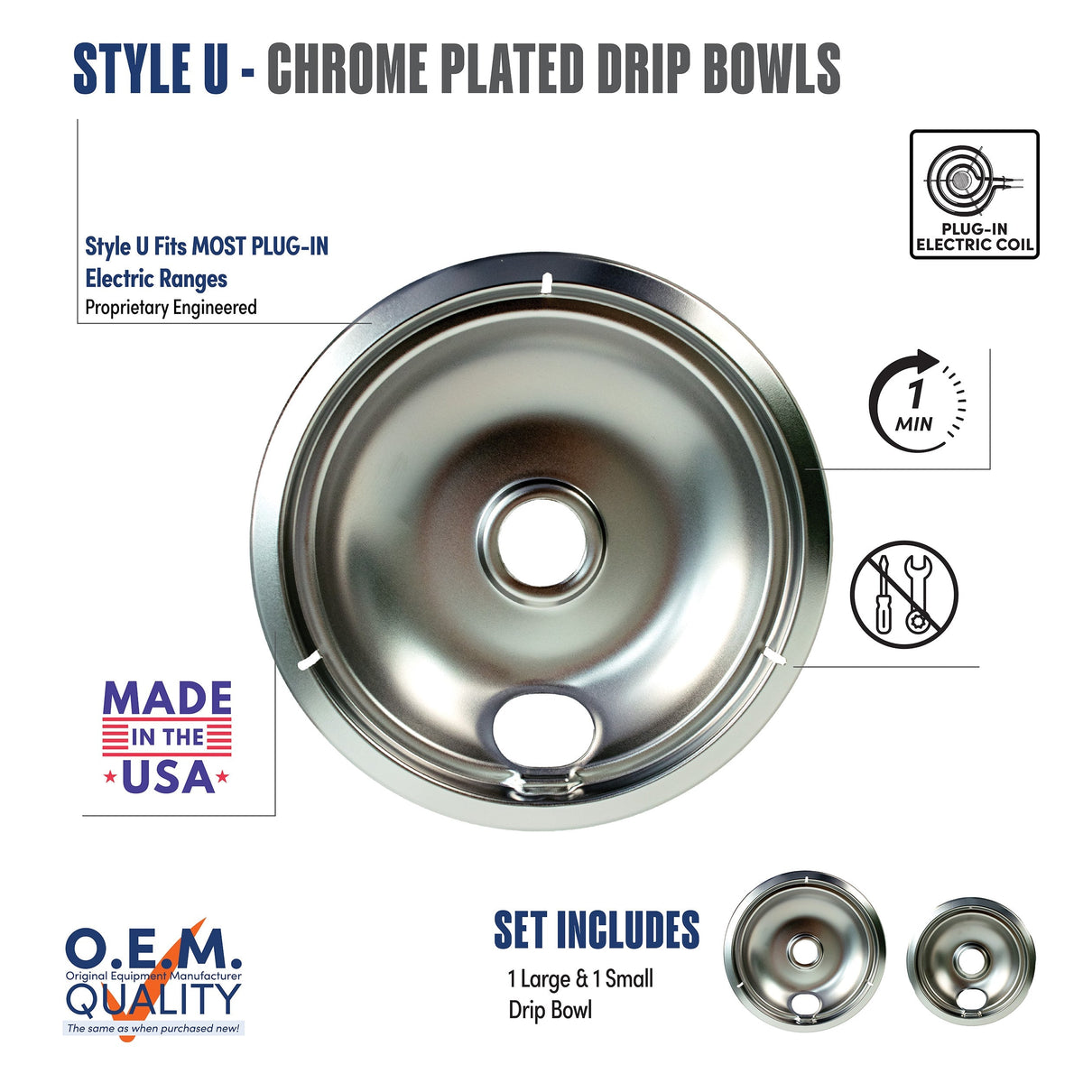 Range Kleen - R101C2 Universal 2pk Heavy Duty Chrome Drip Bowls, Large and Small