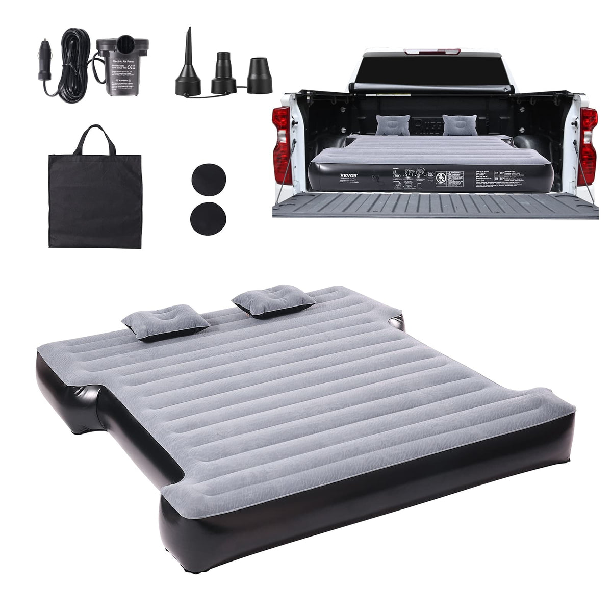 VEVOR - Truck Bed Air Mattress, for 5.5-5.8 ft Full Size Short Truck Beds, Inflatable Air Mattress Camping Bed with 12V Air Pump - Gray