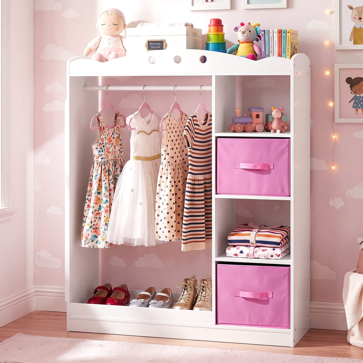 Costway - Kids Dress Up Storage with Full Length Mirror, Open Shelves, Hanging Rod & Drawers - White