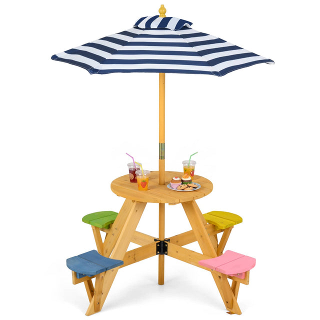 Front. Gymax - Gymax Kids Picnic Table w/ Stools Wooden Activity Desk Set w/ Foldable Umbrella - Multicolor.