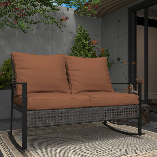 Front. Ainfox - Ainfox Outdoor Wicker Loveseat Rocking Chair,Rattan Rocker Chair with Cushions,Outdoor Furniture for Garden, Porch - Beige.