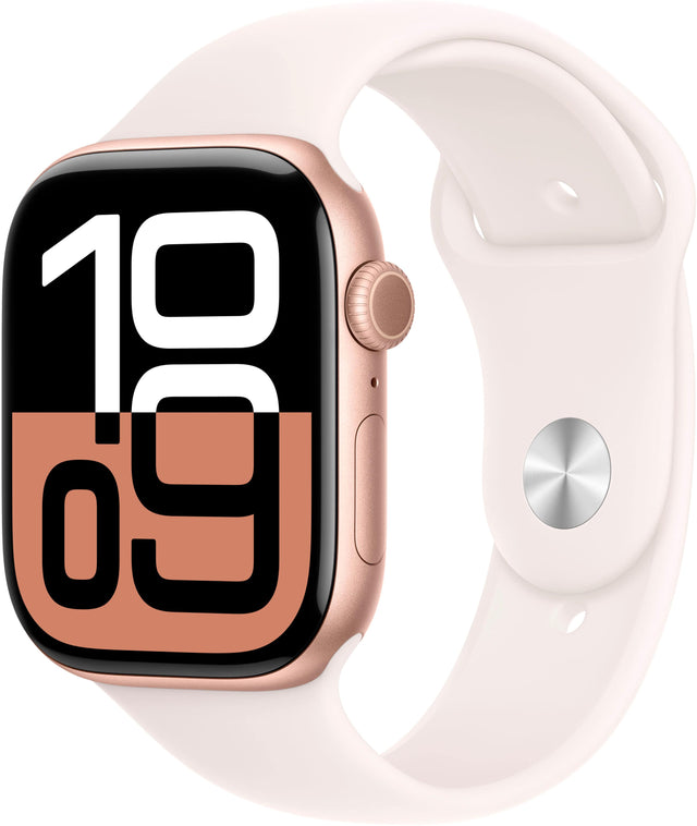 Angle. Apple - Geek Squad Certified Refurbished Apple Watch Series 10 (GPS) 46mm Aluminum Case with Light Blush Sport Band - S/M - Rose Gold.