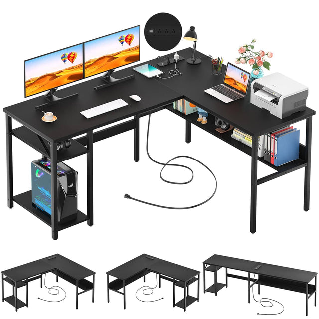 Front. Aheaplus - Reversible Corner Desk with Power Outlets & USB Ports, Storage Shelves for Gaming & Home Office, Easy Assembly - Black.