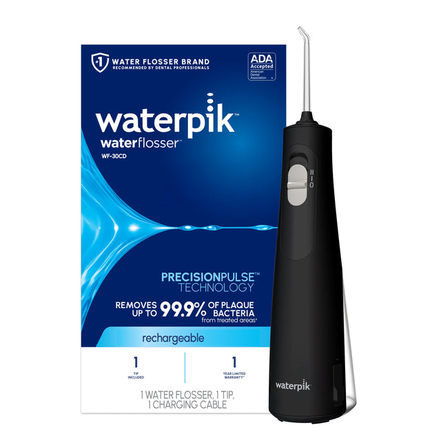 1 WATER FLOSSER BRAND RECOMMENDED BY DENTAL PROFESSIONALS ADA Accepted American Dental Association waterpik water flosser WF-30CD HIO PRECISIONPULSE TECHNOLOGY REMOVES UP TO 99.9% OF PLAQUE BACTERIA from treated areas rechargeable 1 WATER FLOSSER, 1 TIP, 1 CHARGING CABLE